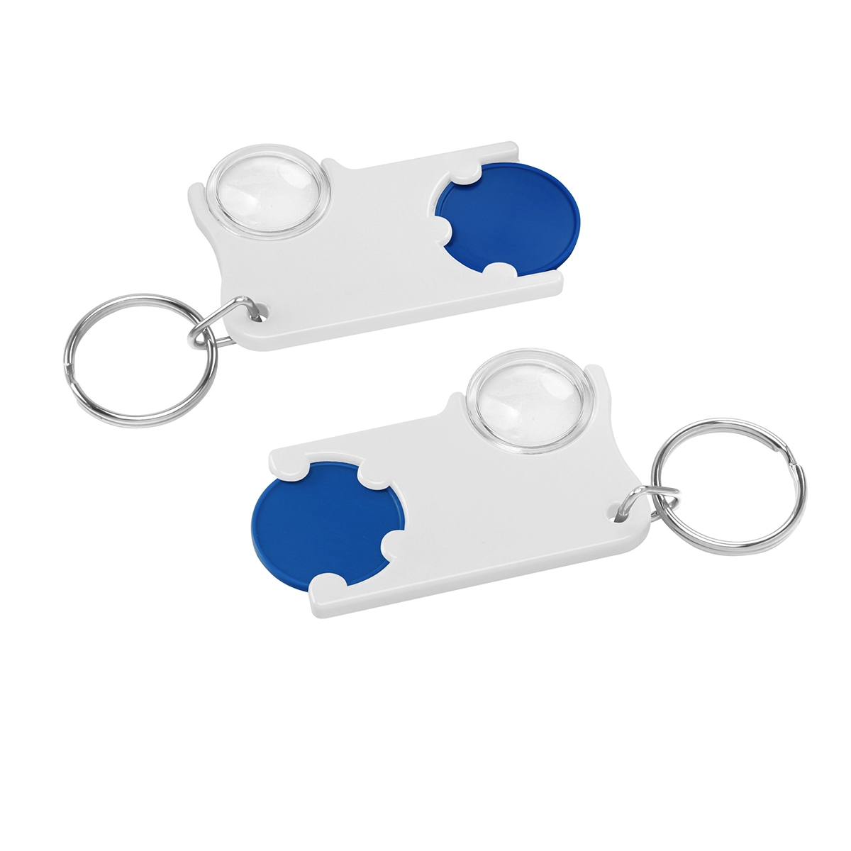 Chiphalter mit 1€-Chip und Lupe, Chip blau, Chiphalter weiß