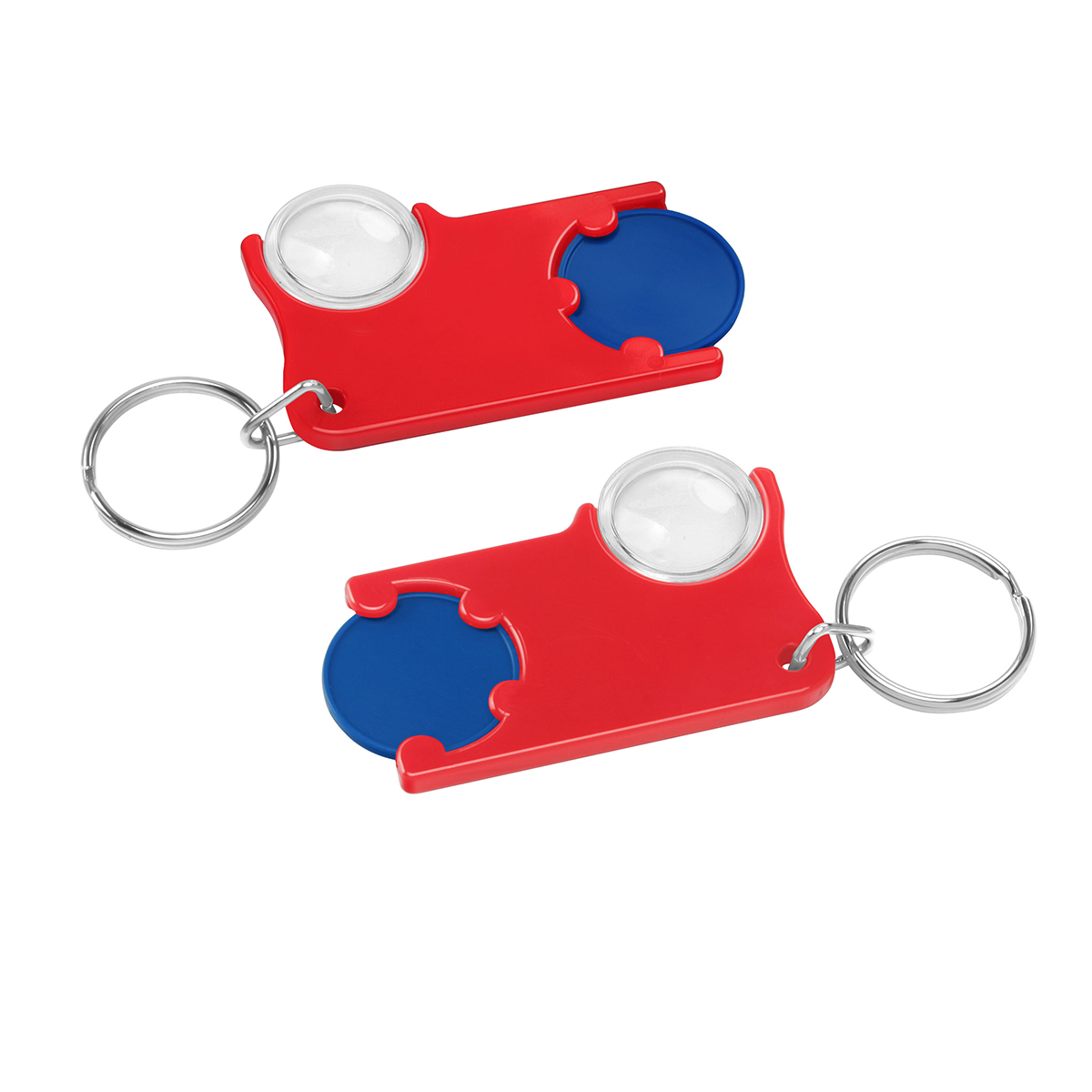 Chiphalter mit 1€-Chip und Lupe, Chip blau, Chiphalter rot