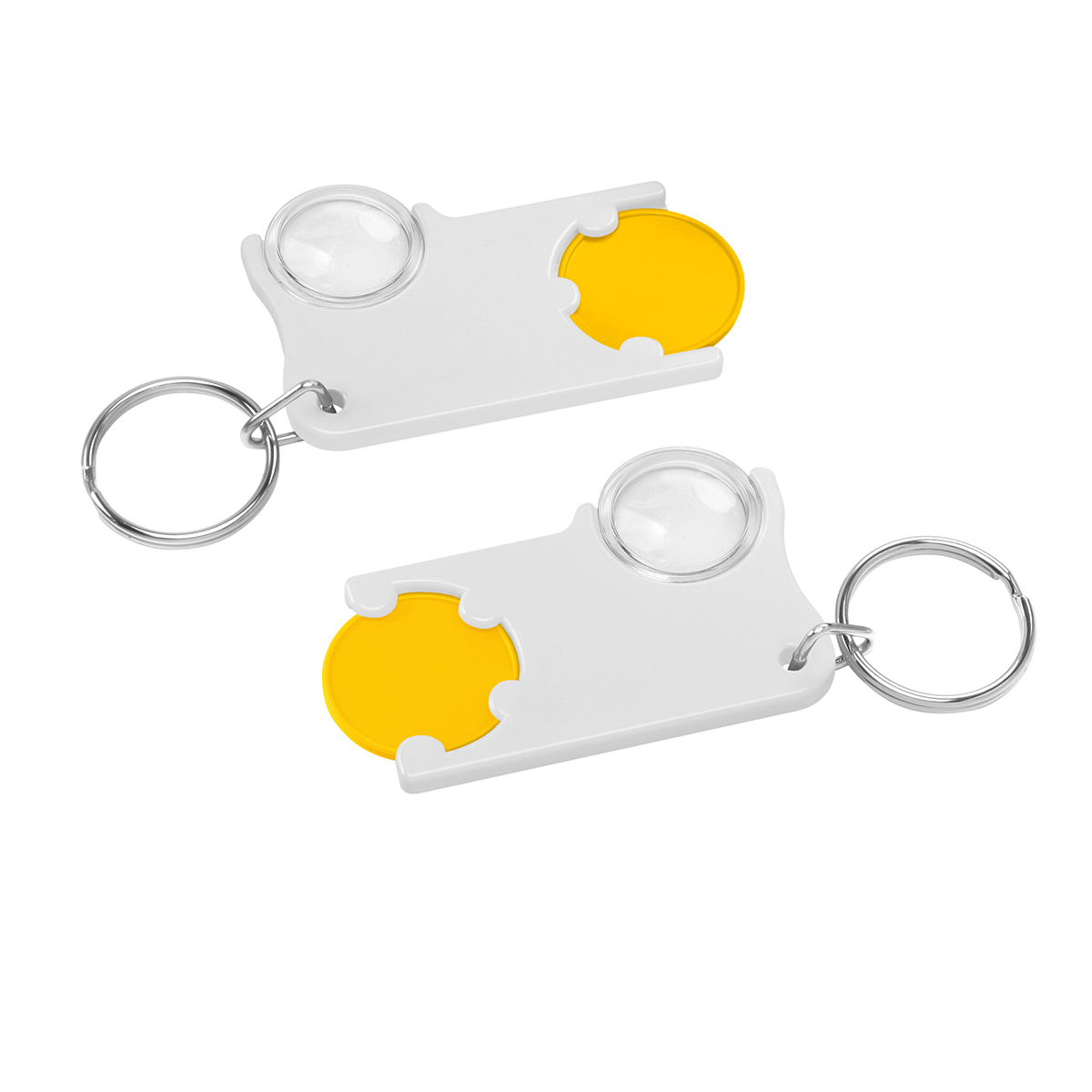 Chiphalter mit 1€-Chip und Lupe, Chip gelb, Chiphalter weiß