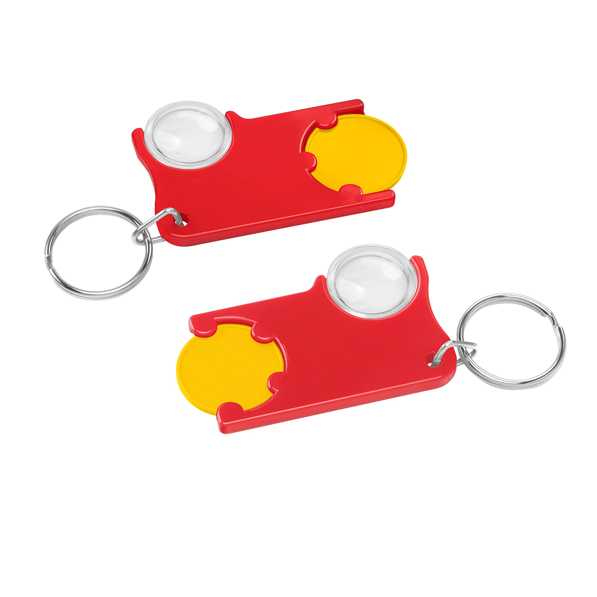 Chiphalter mit 1€-Chip und Lupe, Chip gelb, Chiphalter rot