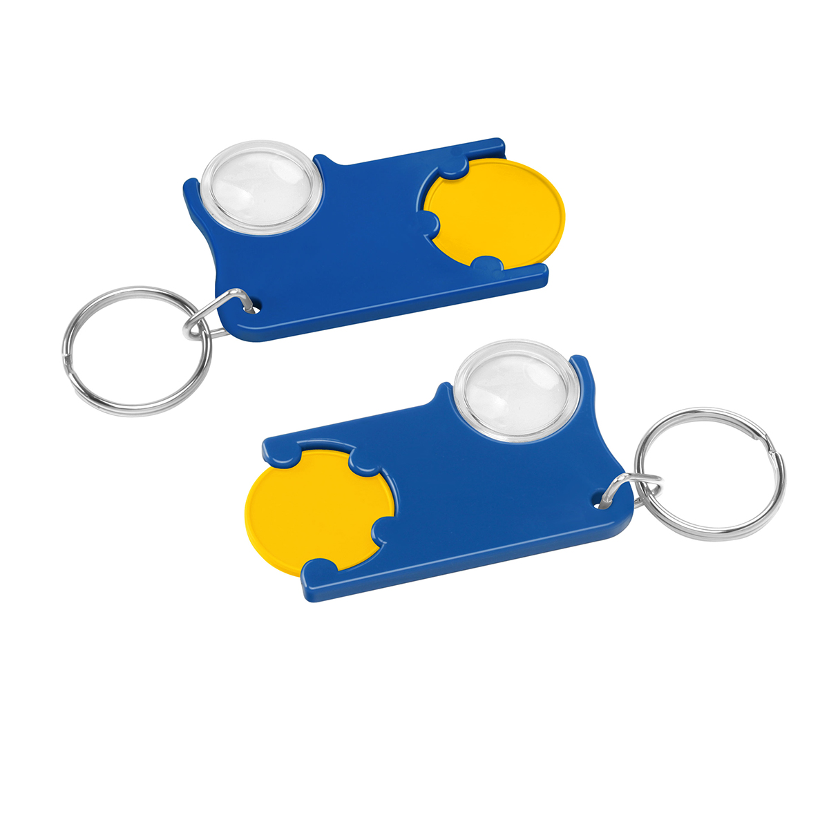 Chiphalter mit 1€-Chip und Lupe, Chip gelb, Chiphalter blau