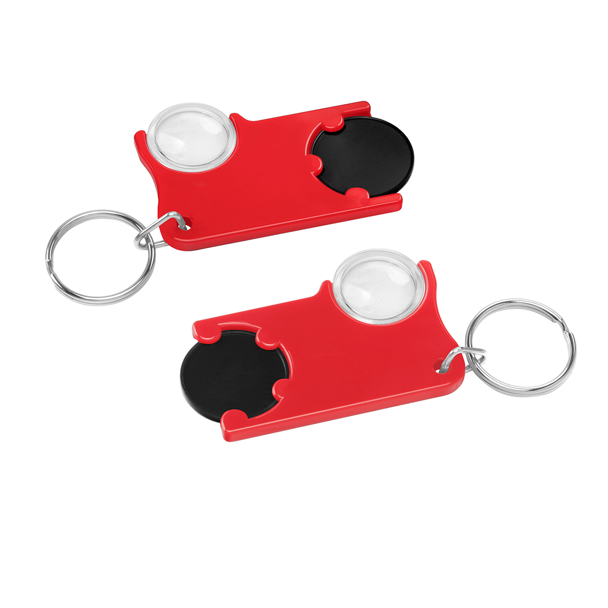 Chiphalter mit 1€-Chip und Lupe, Chip schwarz, Chiphalter rot
