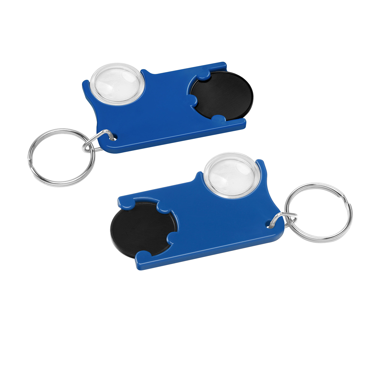 Chiphalter mit 1€-Chip und Lupe, Chip schwarz, Chiphalter blau