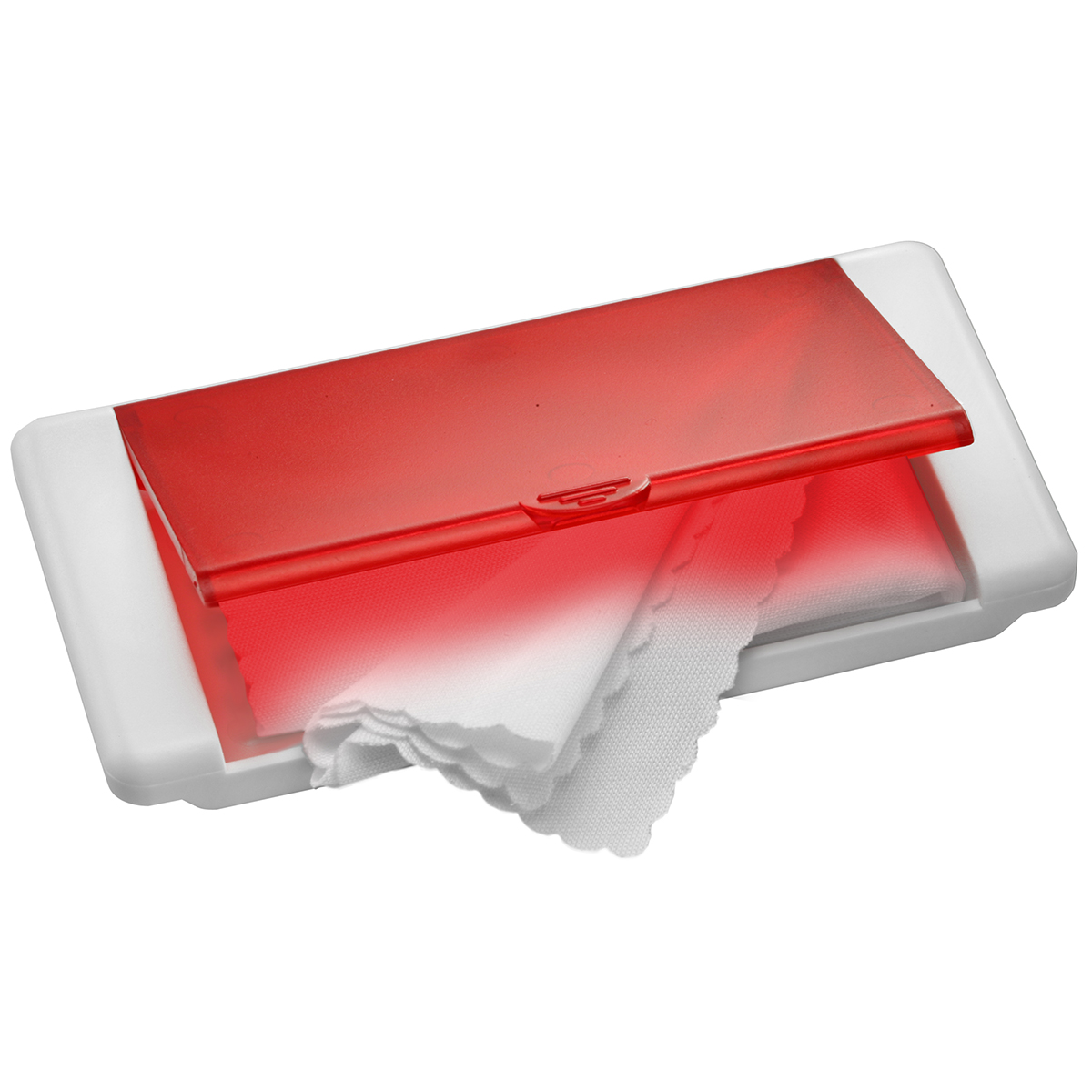 Mikrofasertuch "Box", Grundfarbe weiß, Deckel transparent rot