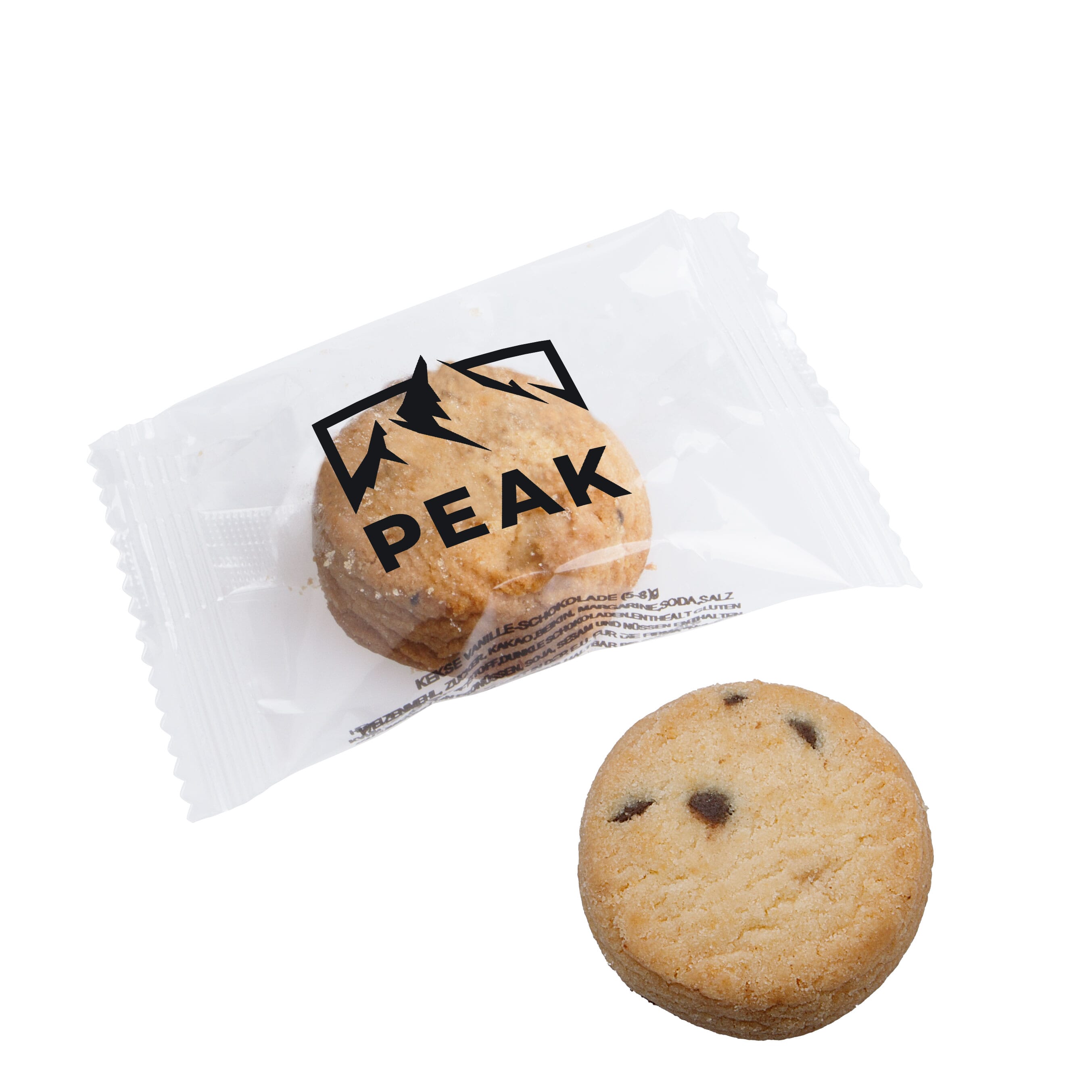 Einzeln verpackter Keks in bedruckter Folie